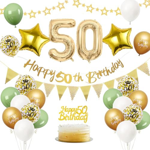50. Geburtstag Deko Salbeigrüne, Luftballon Deko 50. Geburtstag Frau Mann, Geburtstagsdeko 50 Jahr, Gold Folienballon 50, Grün Weiß Gold Luftballons 50 Jahr mit Banner Tortendeko für Party Dekoration