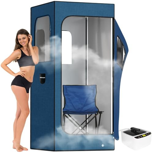 Adamson Sauna Portatil - Sauna Vapor 2.6L 1000W + Silla + Control Remoto + Masajeador de pies & Alfombra Antideslizante - Nylon Azul