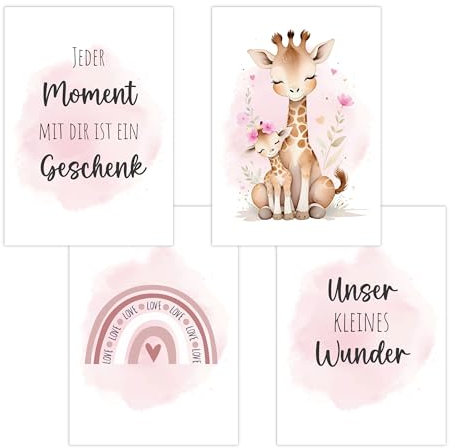 4er Set Baby DIN A4 Bilder mit Giraffe, Regenbogen und Sprüchen, Poster mit Tiermotiv für Babyzimmer, 200g/m² Papier, Kinderzimmer Wanddeko, für Bilderrahmen, Dekoration für Jungen & Mädchen, Rosa