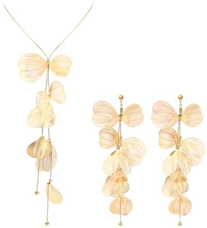 EVER FAITH Gold Statement Halskette Ginkgo Biloba Blume Blatt Anhänger Choker Halskette, Vintage Boho Handmade lange Quaste Y mit Kronleuchter Ohrringe für Damen
