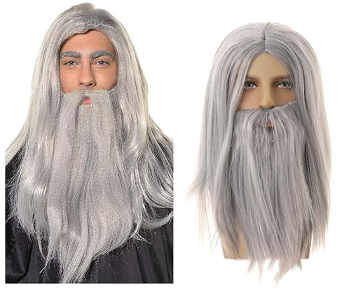 UILYNIU Grau Zauberer Perücke und Lang Bart Halloween Kostüm Perücken, Lang Grau Gerade Perücke für Herren Damen, Magier Hexer Perücke für Männer Halloween Fasching Karneval Hippie Perücke (Grau)