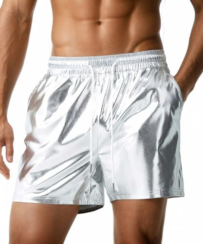 Alienjoy Herren Shorts Glanz Metallic Party Shorts Shiny Glitzer Sommer Kurze Hose mit Taschen