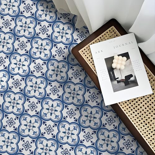 Alwayspon Vinyl Flooring, Blue and White Self Adhesive Stick on Floor Tiles Transfer for Bathroom Kitchen, Splashback, Peel and Stick Vinyl Flooring Tiles Sticker, 12PcsX20cm/8inch