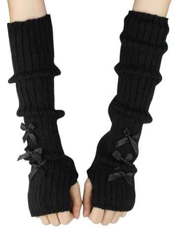 Feelorna Women Arm Warmers, Soft Knitted Long Sleeve Fingerless Gloves Mittens with Thumb Holes, Ladies Fashion Cute Y2k Bow Tie Wrist Warmers for Autumn Winter