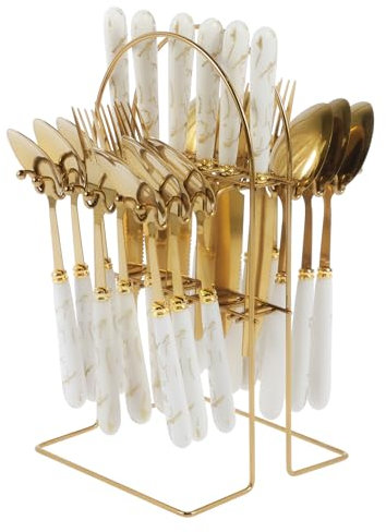 24 Pcs Flatware Set with Hanging Holder, Hanging Stainless Steel Cutlery Set Service for 6 People, Spoon Knife and Fork Sets, Mirror Polished Design Silverware Set for Home Kitchen Restaurant (White)