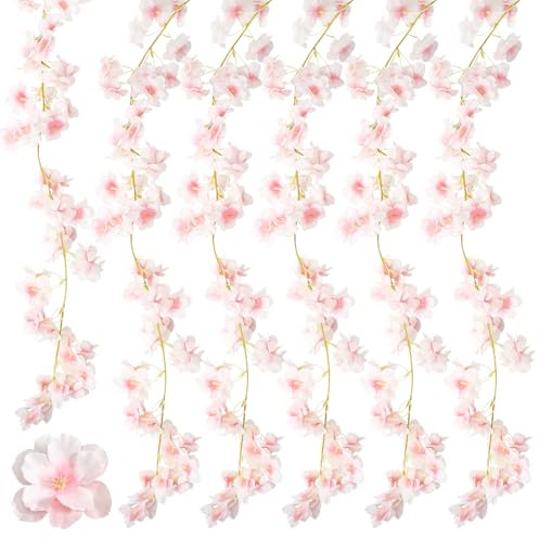 6 Stück Kirschblüten Deko, 1.8M Kunstblumen Hängend Blumenwand Künstliche Seiden Kirschblüte Hangend Vine Seidenblumen Dekor, Kirschblüten Girlande für Hochzeit Party Haus Garten Bogen Wände Rosa