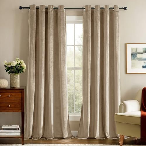Deconovo Blickdichte Gardinen Vorhänge Blickdicht Gardine Samt Schlafzimmer Vorhang Wärmeisolierende, 240x140 cm(HöhexBreite), Helltaupe, 2er Set