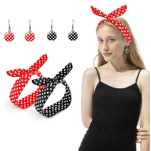 Scinzene 2 Stck Polka Runde Haarband, 2-Paare Ohrringe, Rockabilly Accessoires Damen, Rot, Rotes Haarband, Roter Haarreif