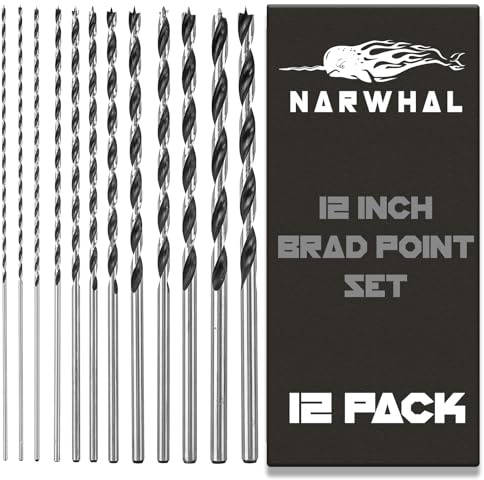 Extra Long Brad Point Drill Bit Set for Wood (12 Pack) 12 Inch Length in 1/8, 5/32, 3/16, 1/4, 5/16 3/8, 7/16, and 1/2 for Precision Splinter Free Drilling - Includes Storage Sleeve