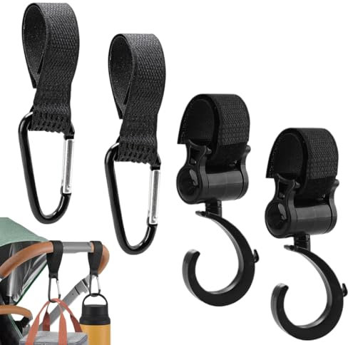 EORPAVU Ganci per passeggini Confezione da 4 ganci per passeggino, ganci per borse, ganci per passeggino, ganci universali, ganci di fissaggio, supporti per borse (nero)