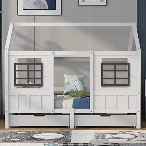 Wuudi Hausbett mit 2 Schubladen, Einzelbett, Tagesbett, Kinderbett mit 2 Fenstern, Rahmen aus Kiefer, MDF, weiß (200x90cm)