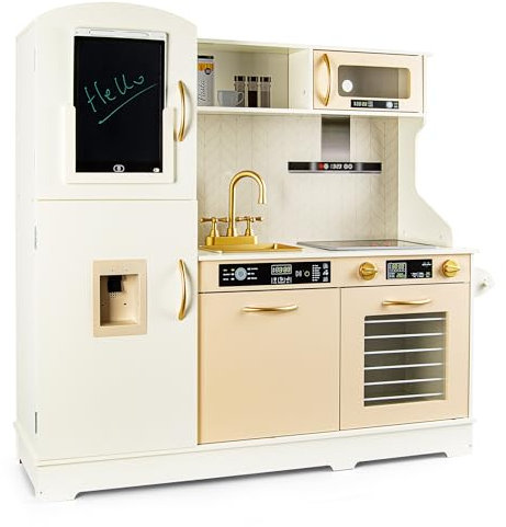 Leomark - Cocina de Madera, Nota para niños con Pantalla borrable de 12 Pulgadas, Luces y Sonidos realistas, el aliado Chic y juguetón para los pequeños Chefs – Estimulación de la Creatividad