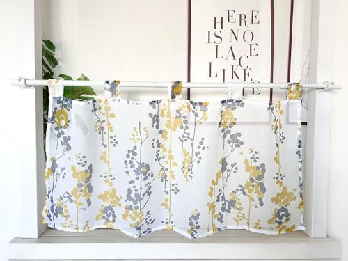 Daliena Scheibengardine Zweige Bistrogardine Voile Kurzgardine Transparent Fenstergardinen mit Schlaufen Küchengardine Landhaus Schlaufenschal Kurz mit Muster (BxH 140x60cm) Gelb 1 stück