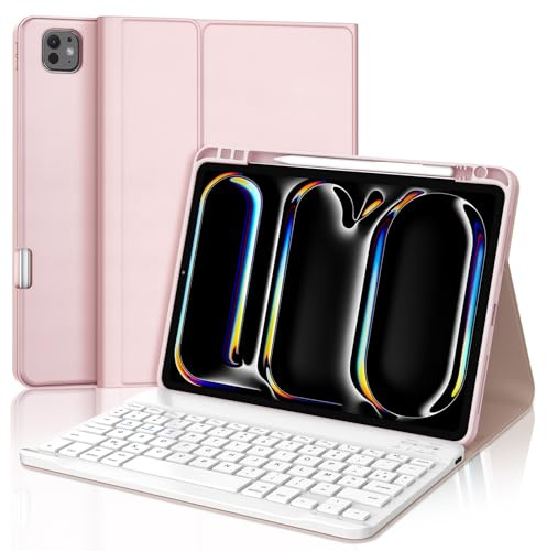 Coque Clavier pour iPad Pro 11 Pouces (M5 2025, M4 2024), AZERTY Français Housse Clavier Bluetooth Magnétique Détachable avec Porte Crayon pour Tablette iPad Pro 11 (6e/5e Génération), Rose