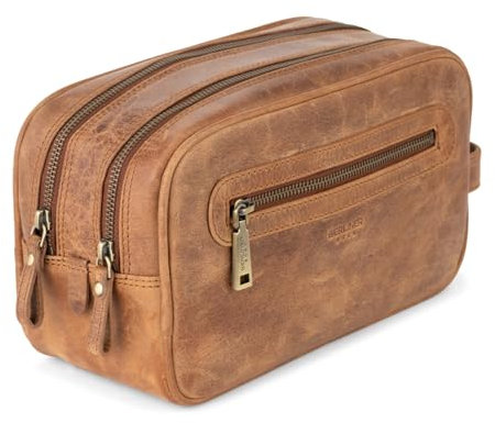 Berliner Bags Vintage Kulturbeutel Max, Große Kulturtasche aus Leder, Waschtasche mit 2 Fächern, Kosmetiktasche zum Reisen, für Damen und Herren – Braun