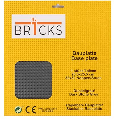 JP BR1CKS Bauplatte, 32x32 (25,5 x 25,5 cm) 1 Klemmbausteinplatte, Kompatibel mit allen führenden Marken, beidseitig bebaubar, Platte (dunkelgrau)