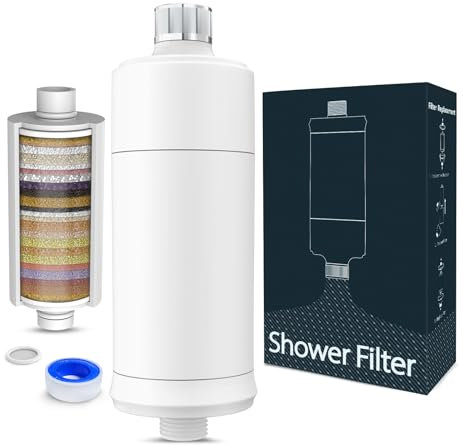 Filtro Doccia a 32 Stadi con Vitamina C, MEKO Filtro Anticalcare per Acqua Dura, Filtro di Purificazione Multistadio per Eliminare Calcare, Cloro Residuo e Proteggere Pelle/Capelli (Bianco)