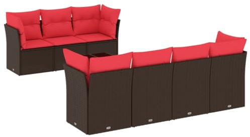 vidaXL Garten Sofa Garnitur 8-TLG., Gartenmöbel Set mit Kissen, Sitzgruppe für Garten Terrasse, Modular Gartensofa Lounge, Tisch mit Glasplatte, Braun Poly Rattan