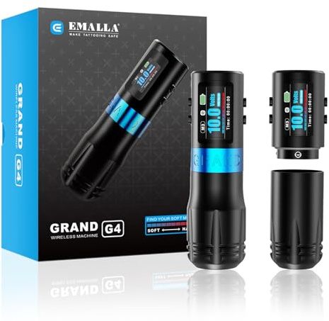 EMALLA GRAND G4 Wireless Tattoo Pen Machine (4.2mm Stroke) Smart LED Screen with 2 Long-Life Batteries & 34/38mm Grips Professional Tattoo Kit