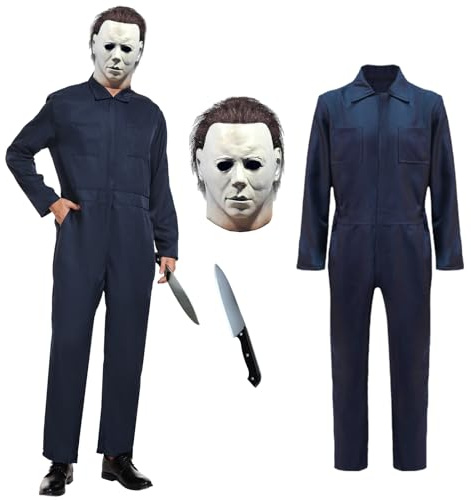 DLKAJFK Adult Navy Blue Jumpsuit Coveralls with Mask And Classic Knife for Halloween Cosplay (XL)