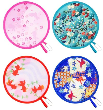 Ezranova 4 Pcs Foldable Fan Set,Summer Round Folding Hand Fan,Portable Handheld Folding Fan for Festival Costume Party Wedding Gifts Home Decor Home Office