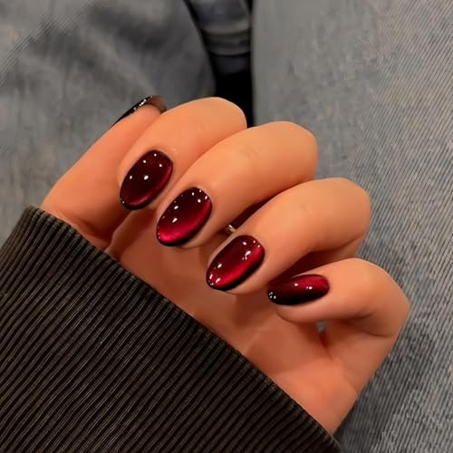 DMQ Wine Red Cat Eye Press on Nails Short, 30Pcs Dark Red Glitter False Nails Almond, Sparkly Shiny Soft Gel Fake Nails, Burgundy Goth Bling Stick on Nails with Glue for Women Holiday Decoration