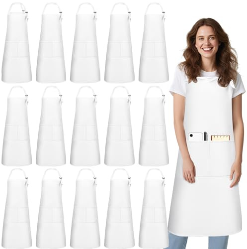 Cptoion 15 Stück Weiß Kochschürzen Set, 69 x 80 cm | Wasserfest Verstellbare Schürze mit Tasche, Extra Lange Bänder, for Kochen Backen Garten Restaurant Café Zuhause