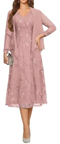 2-teiliges Pailletten-Spitzenkleid für die Brautmutter mit Jacken, Tee-Länge, Chiffon, V-Ausschnitt, A-Linie, formelles Abendkleid für Damen