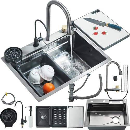 Evier Cuisine Inox 1 Bac avec Robinet Extensible et Pure Rince Verr Automatique 1 Bac avec Egouttoir 60 * 46 * 20cm Inox