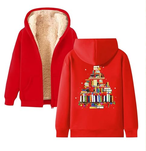 Generisch 2026, maglietta natalizia da donna, divertente, albero di Natale, insegnante, amante dei libri, felpa con cappuccio, Colore: rosso, L