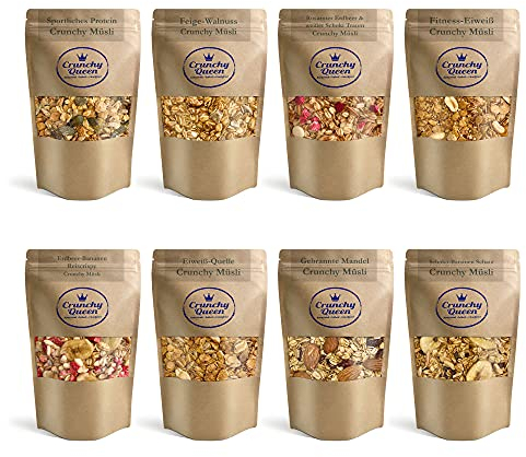 Crunchy Queen Granola Knuspermüsli Probierpaket 8x 80g | Handgemacht | Crunchy Topping für Smoothiebowl & Müsli | Müsli ohne Zucker | 100% natürlich | 640g