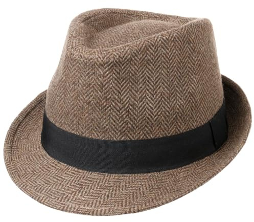 Lipodo Classic Trilby Hut Fischgratmuster Ripsband Damen und Herren Sommer Winter braun-beige S (55-56 cm)