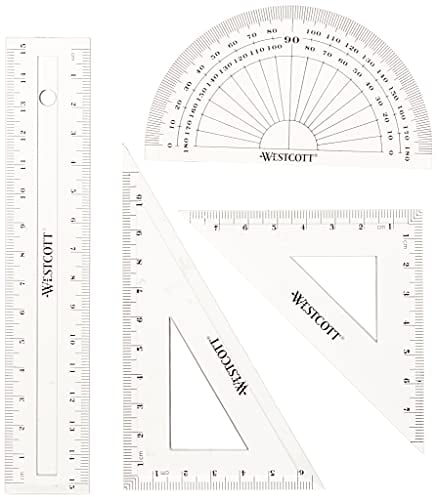 Westcott E-10303 00 Set matematica, 4 pezzi, plastica, trasparente, righello da 15 cm e goniometro