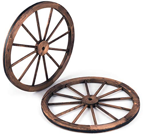 RELAX4LIFE 2er Set Wagenrad mit Eisenblech, Dekoratives Wagen Rad Antik und Vintage, Holzwagen mit Durchmesser 76 cm aus 12 Rundrohre, Wagenrad zur Dekoration für Garten & Bar & Restrauants, Braun