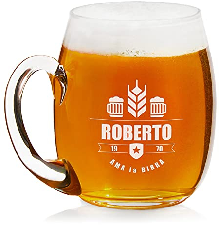 Maverton Boccale per la Birra personalizzato in vetro - H12cm x Ø8,5cm - capienza 500 ml - ottima idea regalo per il compleanno di ogni uomo amante della buona Birra - amore per la birra
