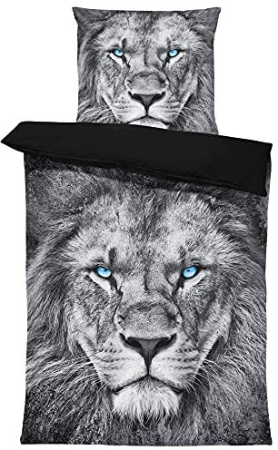 one-home Bettwäsche 135x200 cm und 80x80 cm Mikrofaser Garnitur Bettbezug Fotodruck Set, Farbe:Löwe schwarz, Größe:4 teilig 135x200 cm
