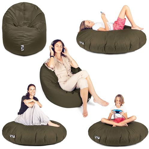 PATCH HOME Sitzsack 2 in 1 Sitzkissen Bodenkissen für Erwachsene & Kinder - Gaming mit Füllung Kissen Sessel BeanBag (Ø 100cm, Khaki)