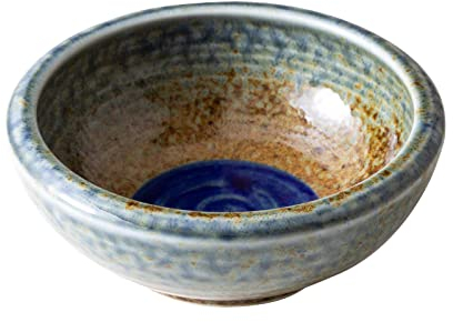 Wazakura Minoyaki Pequeño Jarrón Redondo Esmaltado para Ikebana Hecho en Japón, Suministros de Cerámica para Arreglos Florales Pintados a Mano - Marrón y Azul