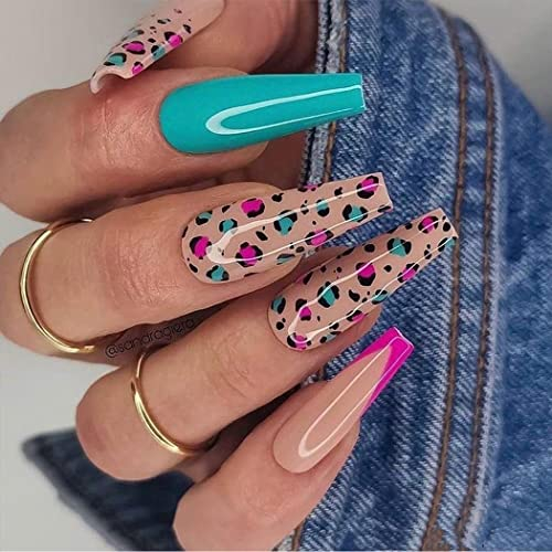 Vatocu Sarg glänzende falsche Nägel lange französische künstliche Nägel blau Leopardenmuster drücken auf Nägel nackt Acryl Stick on Nägel für Frauen und Mädchen (24 Stück)