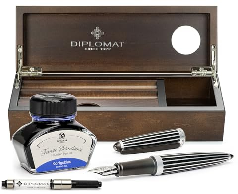 Diplomat Aero Stripes Black mit Edelstahlfeder M, Füllhalter-Set mit Füllhaltertinte im Tintenglas, Tintenkonverter und Stifteablage aus Holz - Wenge, Schreibset, Vintage Füllfederhalter