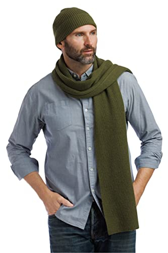 Fishers Finery Herren-Set aus 100 % Kaschmir, gerippte Strickmütze und Schal, Geschenkbox, olivgrün, Eine Größe passt meistens