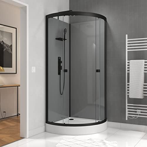 Cabine de douche 1/4 de cercle 90x90x215/230 cm - Fonds Gris Profilés Noir Mat - FOGGY