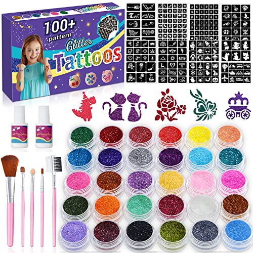 Glitzer Tattoo Set für Mädchen Kinder-30 Farben,Wasserdichte Temporäres Tattoo Glitter Make-up Kit,211 Schablonen,2 Klebstoffe,Funkelndes Tattoo Glitter Geschenk für Geburtstagsfeiern Cosplay.