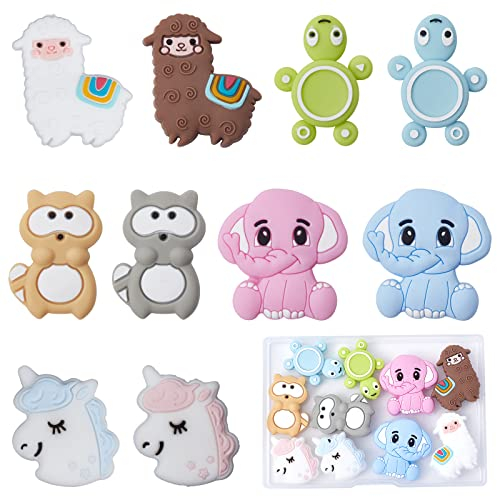 SUNNYCLUE 1 boîte de 10 pièces Perles en Silicone Animaux Grandes Perles Tortue Mouton Licorne éléphant Perles de Silicone Loose Beads Bijoux Fabrication de Porte - clés lanière tressée Bracelet