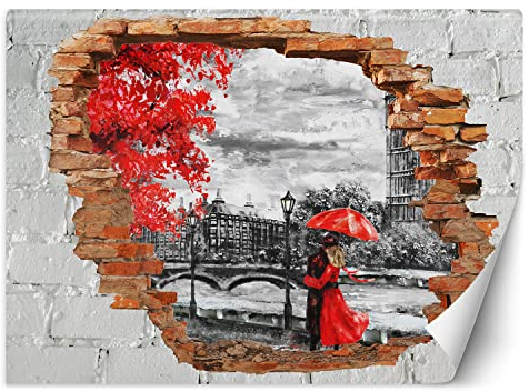 Feeby Fototapete 3D Loch in der Wand Abstrakt 350x245 cm Rot Vlies Wandtapete Tapeten Wohnzimmer Schlafzimmer Büro Flur Moderne Design Wandbilder Wand Dekoration Aquarell Menschenpaar Big Ben Themse