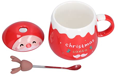 Weihnachtliche Keramiktasse, Süße Weihnachtstasse mit Deckel und Löffel, Weihnachtskaffeetasse, Niedliche Elch-Kaffeetasse, Keramik-Teemilchtasse mit Deckellöffel für(C roter Löffel mit Deckel)