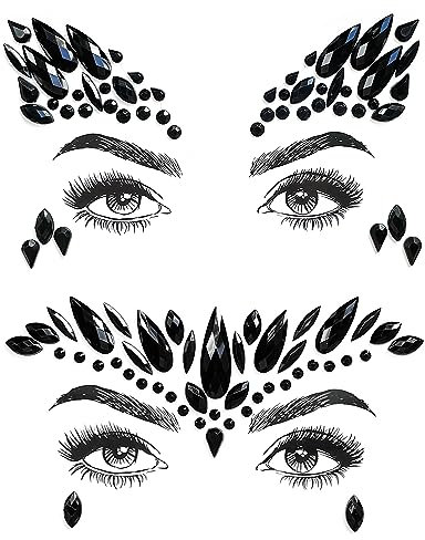 unel Gemme per il viso nere per festival, rave e feste di Halloween, gioielli adesivi glitterati – Selezione premium di gemme per il viso con strass (2 pezzi)