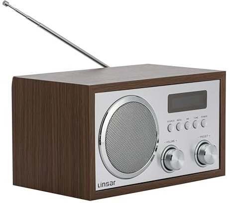 Linsar Radio nostalgica in legno, tuning digitale FM/DAB radio FM, connessione BT senza fili, altoparlante mono, AUX-IN, funzione cuffie, display LCD (marrone)