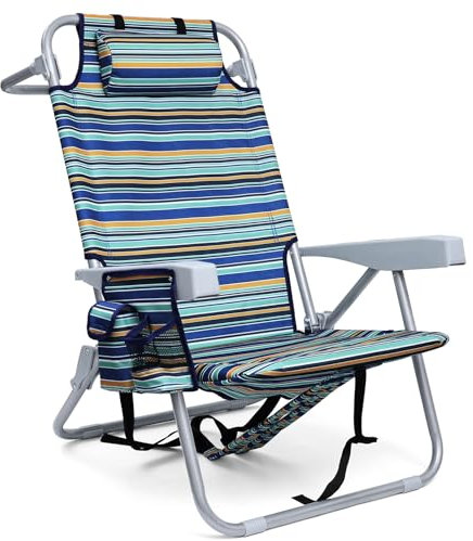 Yestomo Rucksack-Strandstuhl für Erwachsene, faltbarer Strandstuhl mit 4 Positionen, robuster Strandkorb mit großer Kühltasche, unterstützt bis zu 159 kg (Streifen_Blau & Cyan & Gelb)