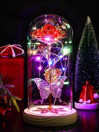 Jazlyvex Cadeau d'anniversaire pour femme, rose galaxie éternelle en cristal dans un dôme en verre, cadeau de Saint-Valentin pour elle, cadeaux pour femme